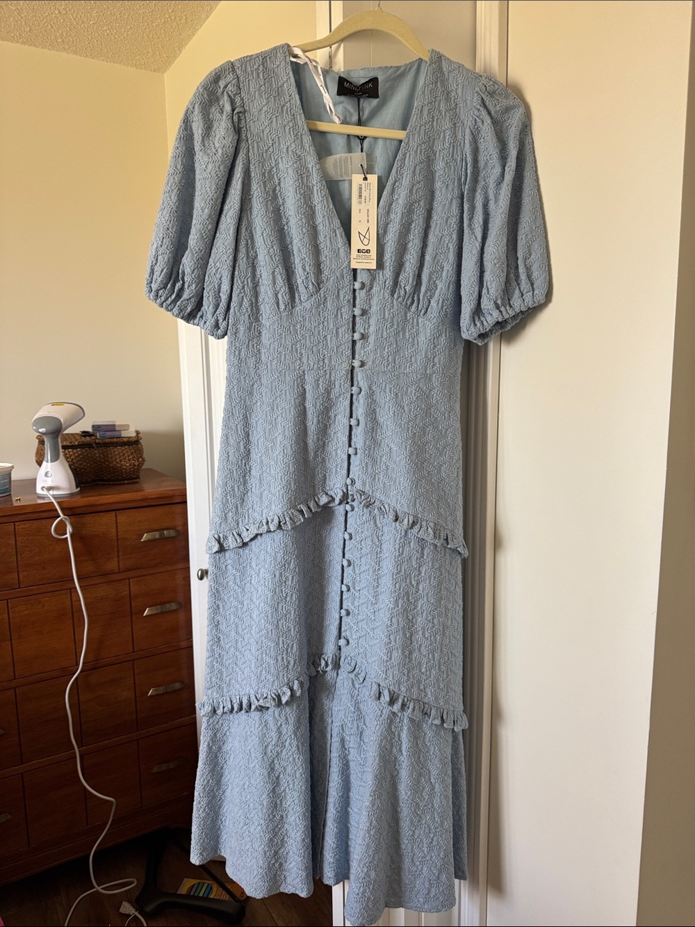 MINKPINK Light Blue Textured Midi Dress with Puff Sleeves